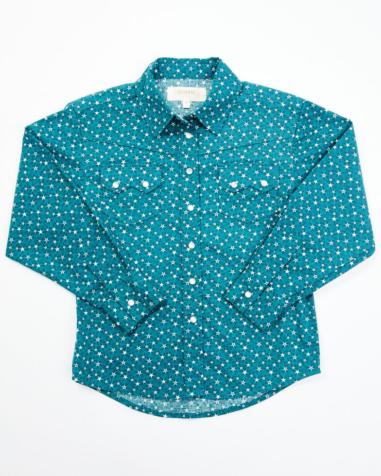 Shyanne Toddler Girls' Teal Long Sleeve Star Print Shirt, Green, hi-res