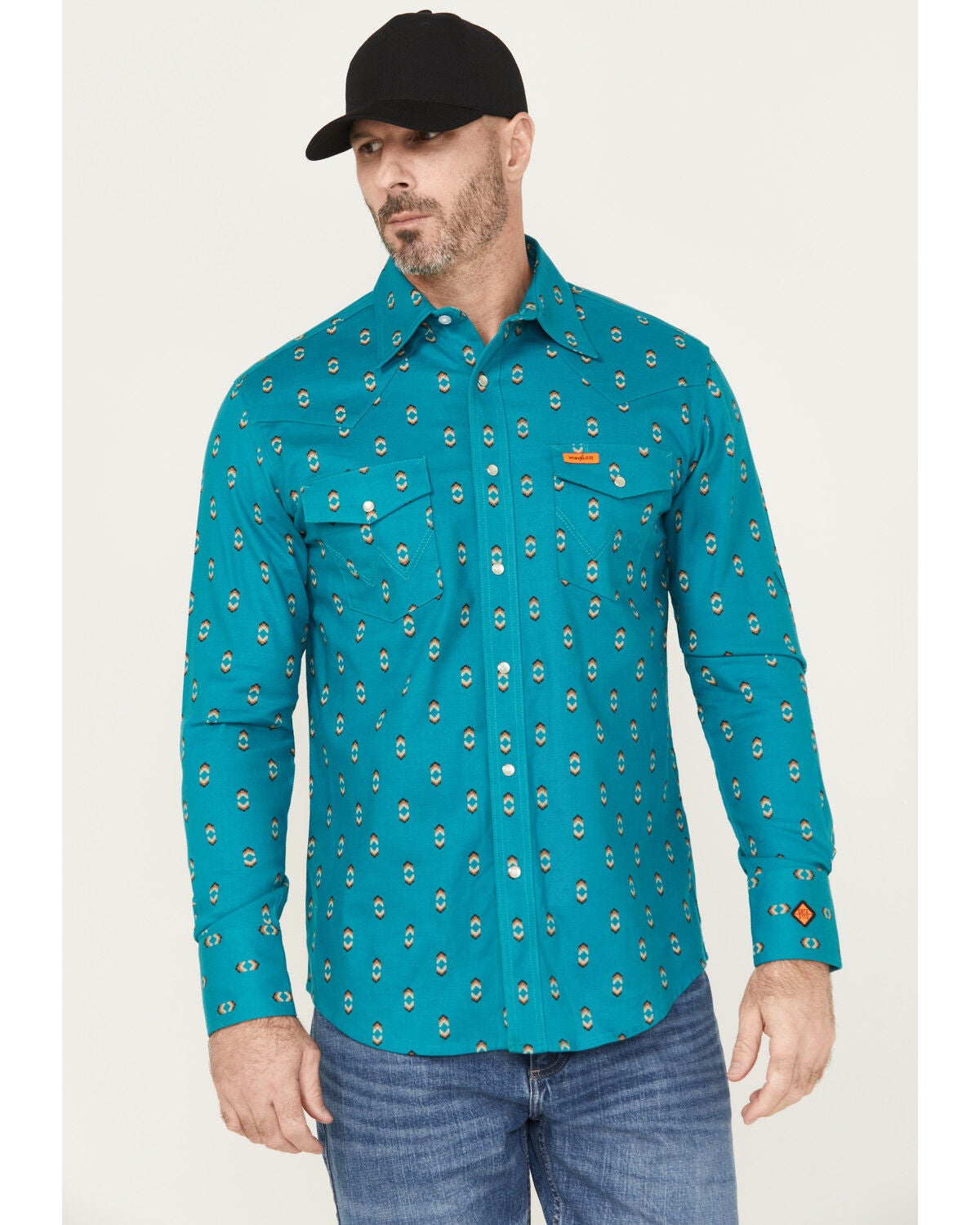 Wrangler Men's FR Checotah Southwestern Print Long Sleeve Snap Work Shirt, Green, hi-res