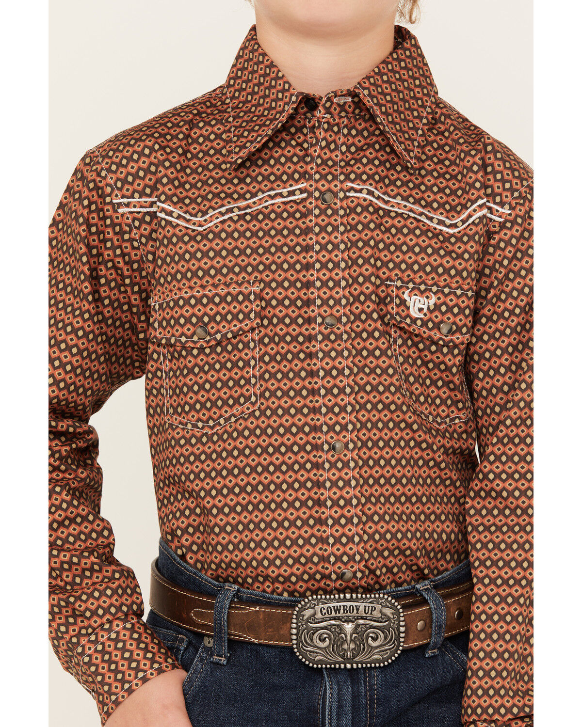Image #3 - Cowboy Hardware Boys' Curvy Diamond Print Long Sleeve Snap Western Shirt, , hi-res