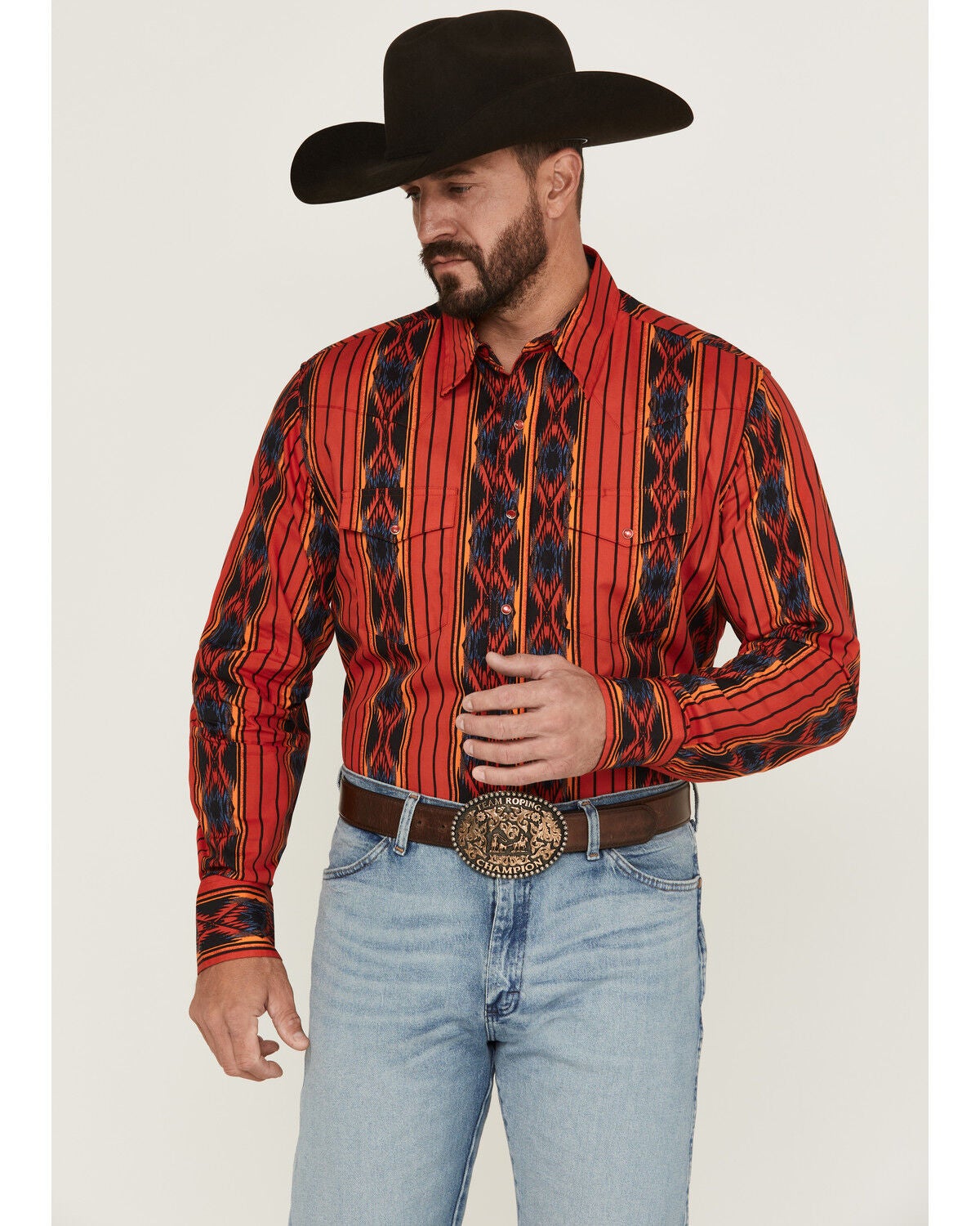 Wrangler Men's Checotah Southwestern Striped Print Long Sleeve Pearl Snap Western Shirt, Red, hi-res