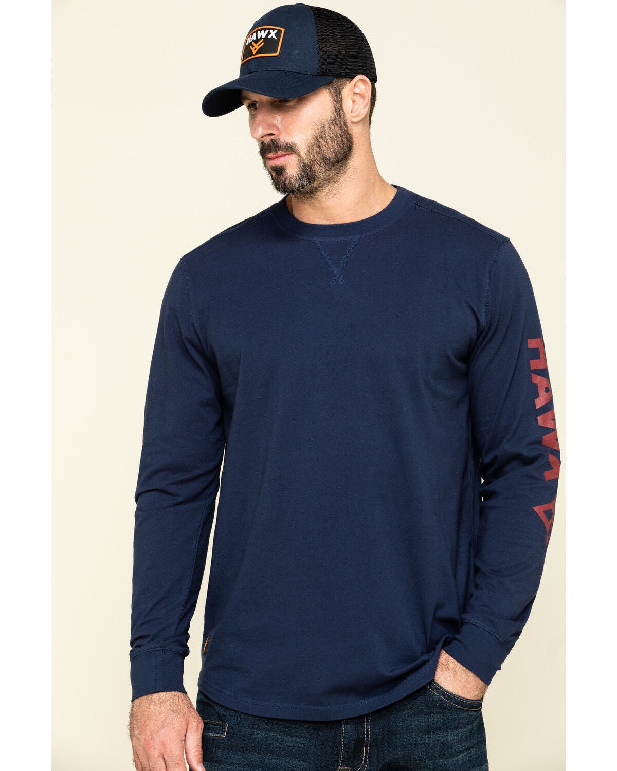 Hawx Men's Navy Sleeve Logo Long Sleeve Work T-Shirt - Tall, Navy, hi-res
