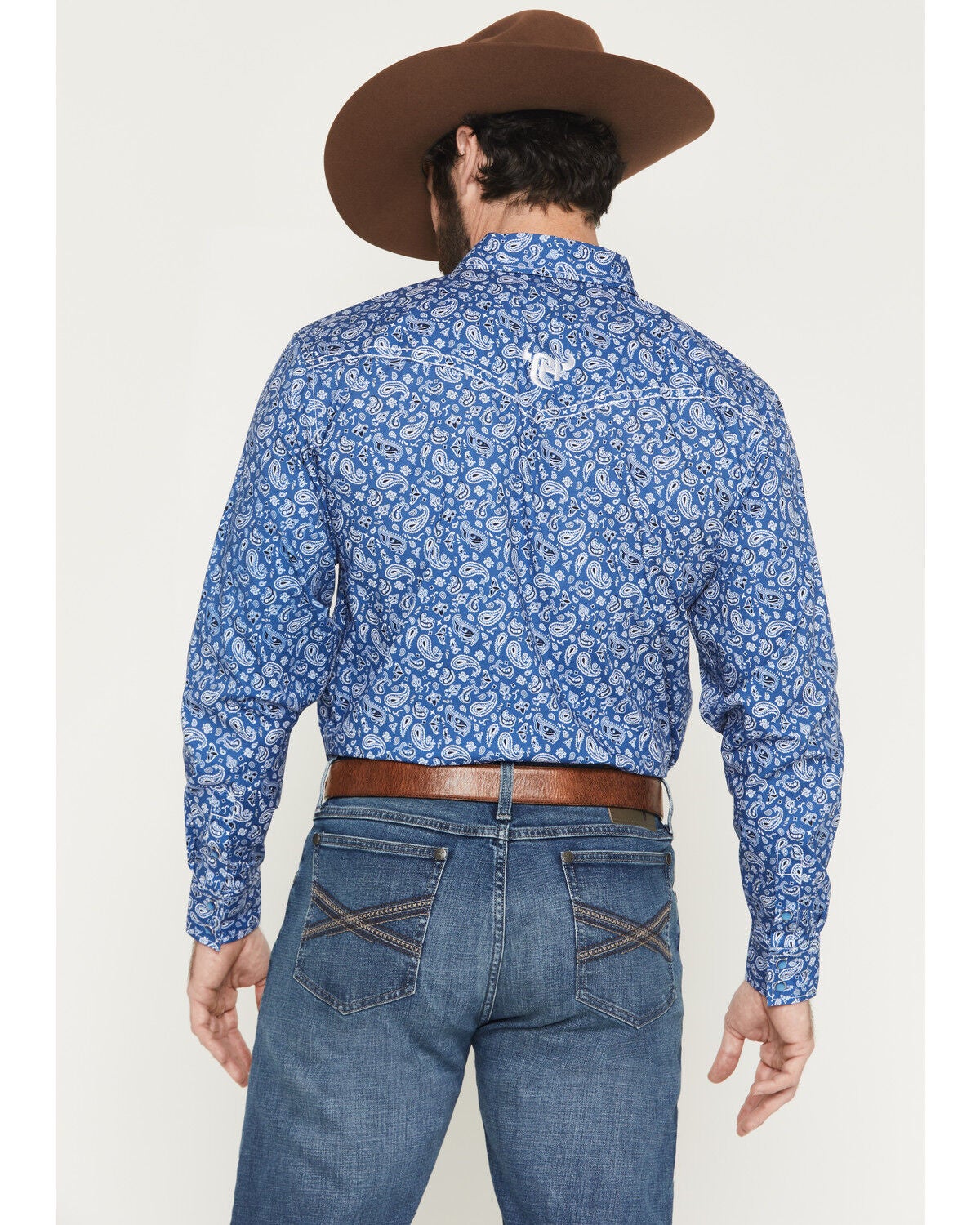 Image #4 - Cowboy Hardware Men's Scatter Paisley Print Long Sleeve Pearl Snap Stretch Western Shirt, Blue, hi-res