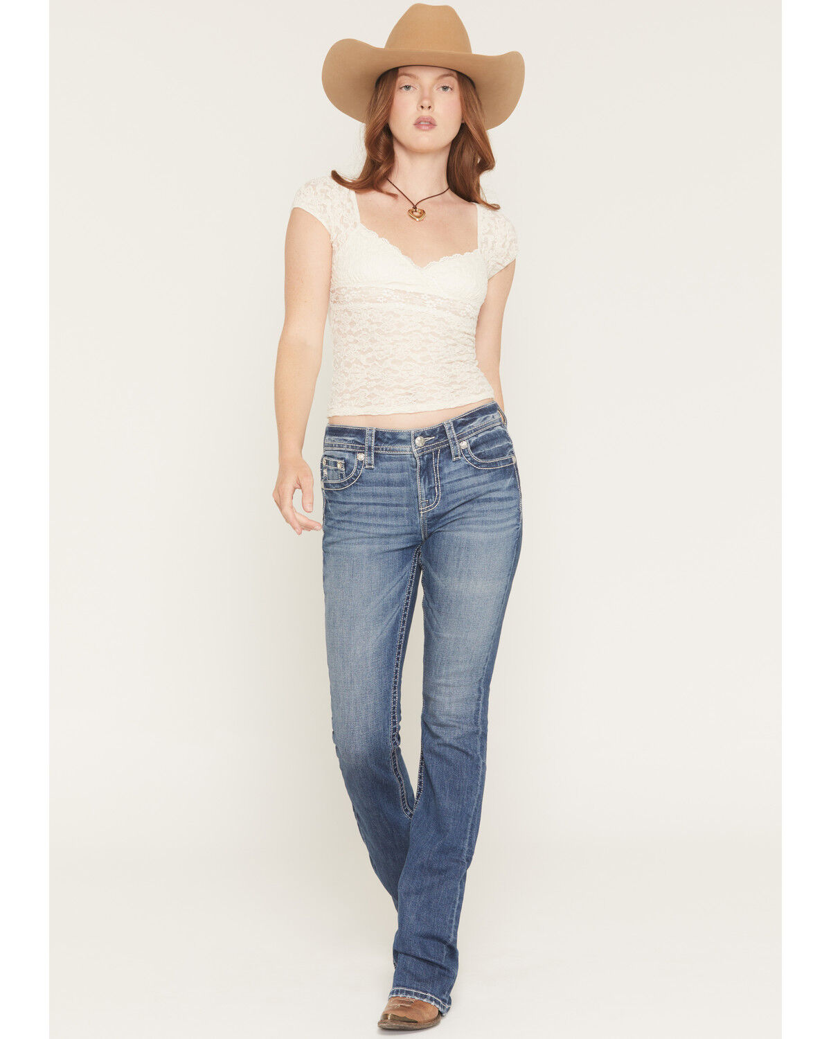 Image #3 - Miss Me Women's Medium Wash Mid Rise Wing Pocket 30" Bootcut Stretch Denim Jeans, Medium Wash, hi-res