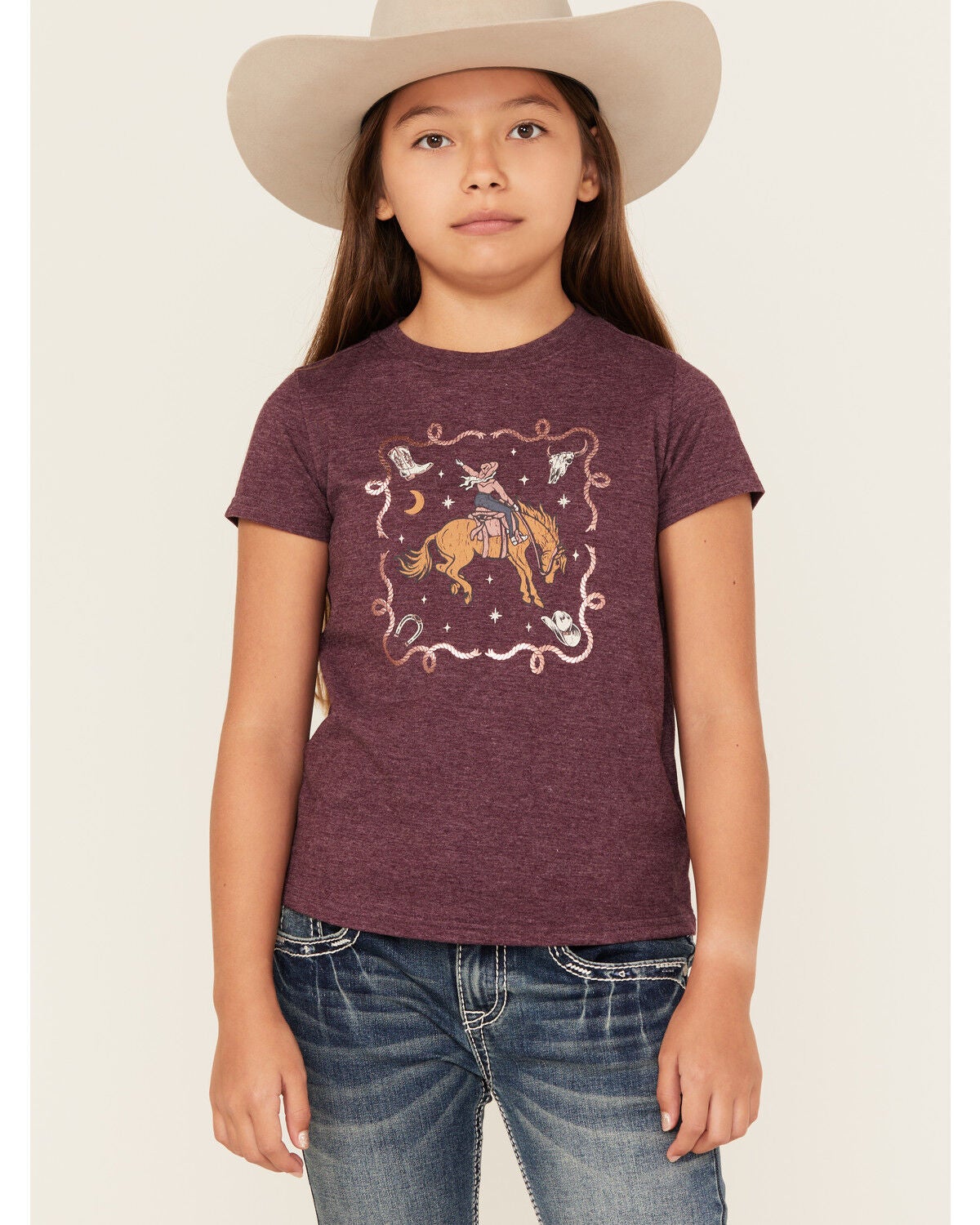 Shyanne Girls' Cowgirl Icons Short Sleeve Graphic Tee, Grape, hi-res
