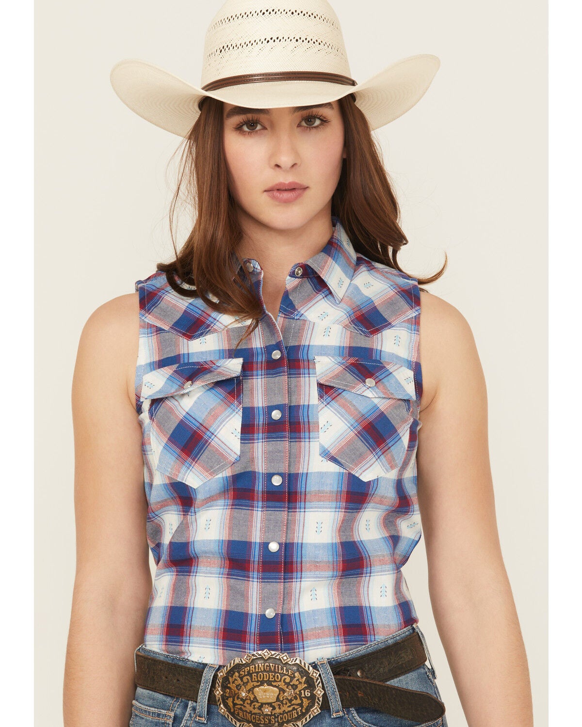 Shyanne Women's Dobby Plaid Print Sleeveless Snap Western Shirt, Indigo, hi-res