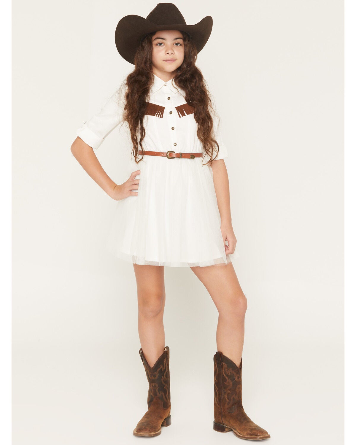 Sugar California Girls' Fringe Long Sleeve Button-Down Denim Tutu Dress, Ivory, hi-res