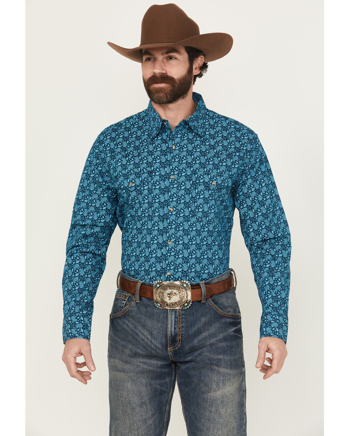 Image #1 - Wrangler Men's 20X Paisley Print Long Sleeve Snap Stretch Western Shirt - Tall, Navy, hi-res