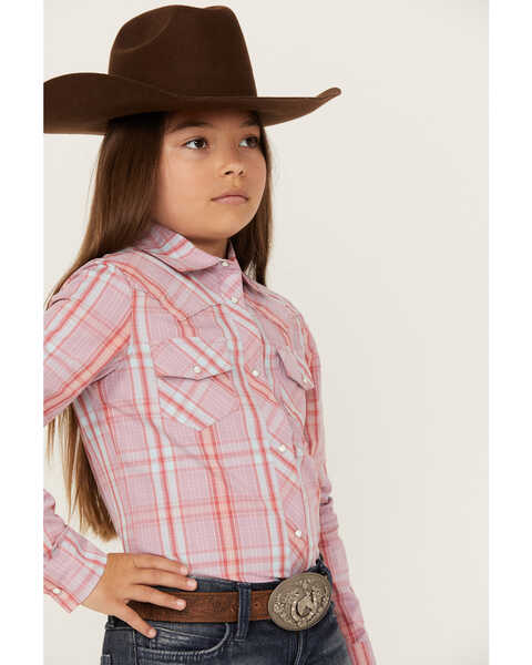 Shyanne Girls' Plaid Print Long Sleeve Snap Western Shirt, Lavender, hi-res