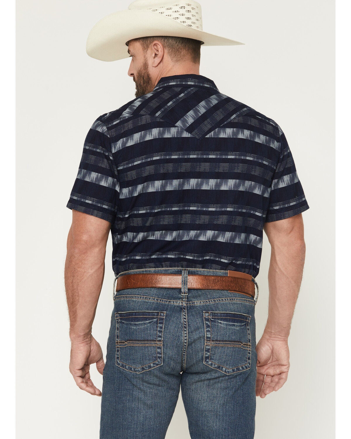 Image #4 - Cody James Men's Ikat Striped Short Sleeve Pearl Snap Western Shirt, Indigo, hi-res