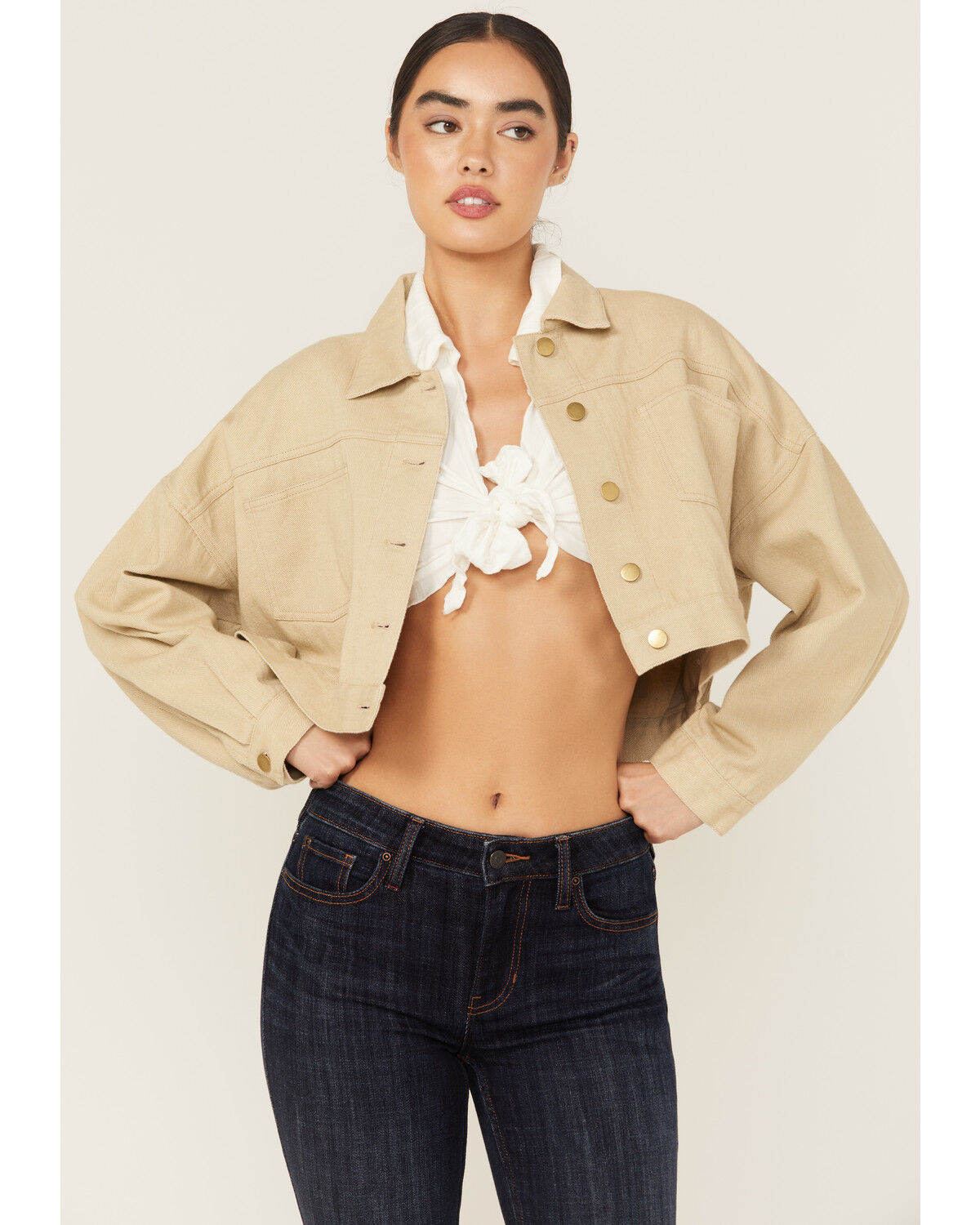 Image #2 - Blue B Women's Long Live Cowgirls Cropped Denim Jacket, Taupe, hi-res