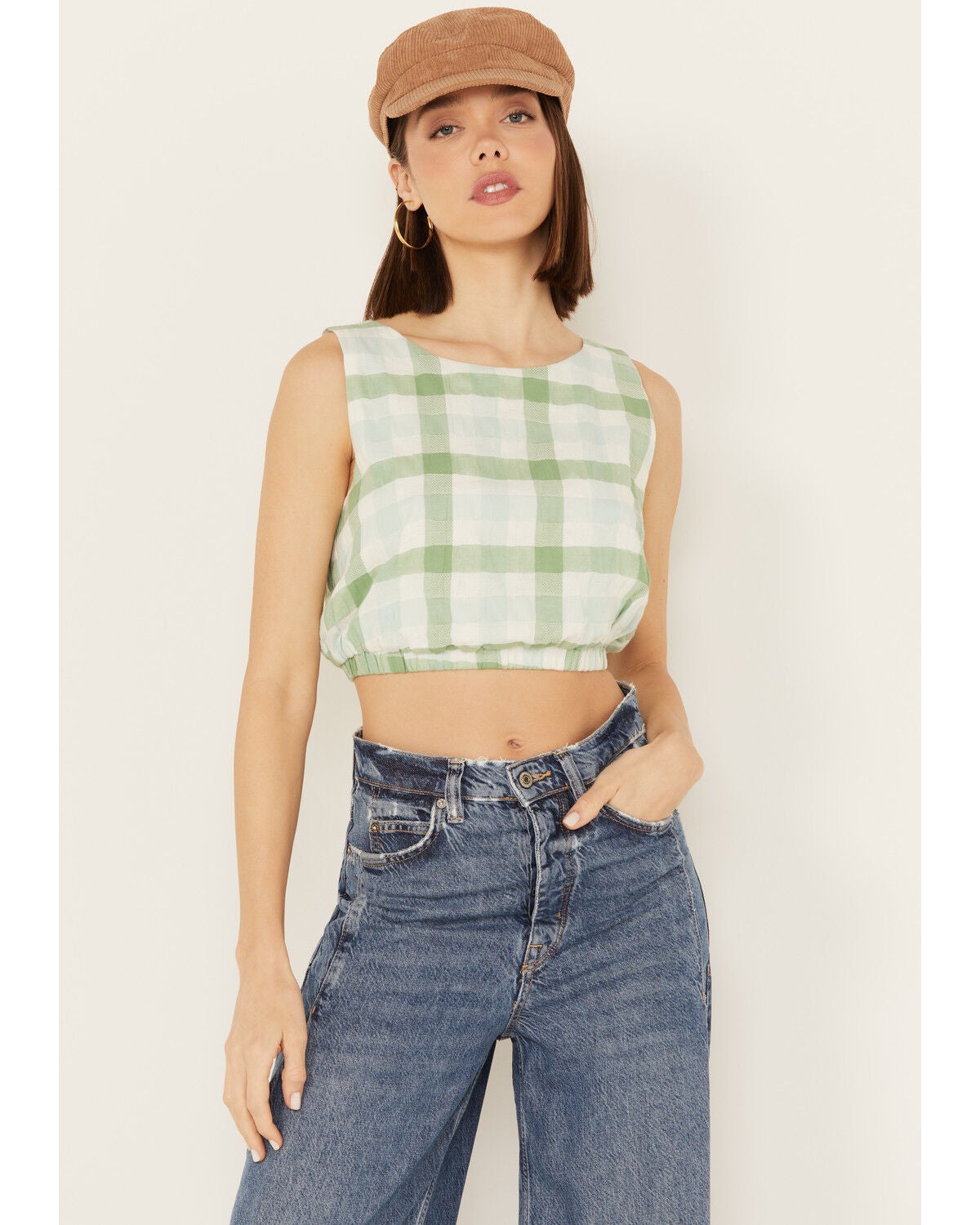 By Together Women's Gingham Print Cropped Sleeveless Top, Green, hi-res