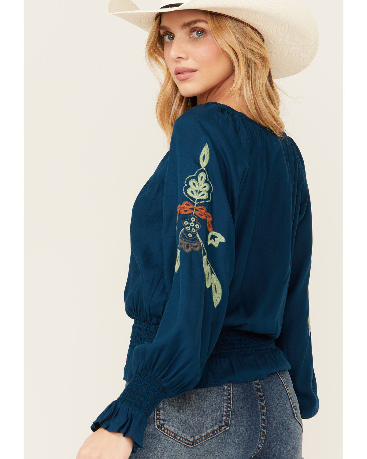 Image #2 - Shyanne Women's Challis Embroidered Long Sleeve Blouse, Dark Blue, hi-res