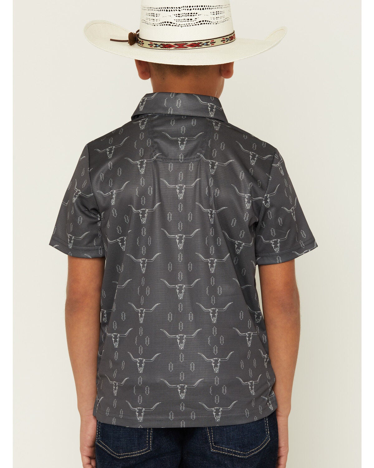 Image #4 - Rock & Roll Denim Boys' Steer Head Skull Short Sleeve Button-Down Polo, Grey, hi-res