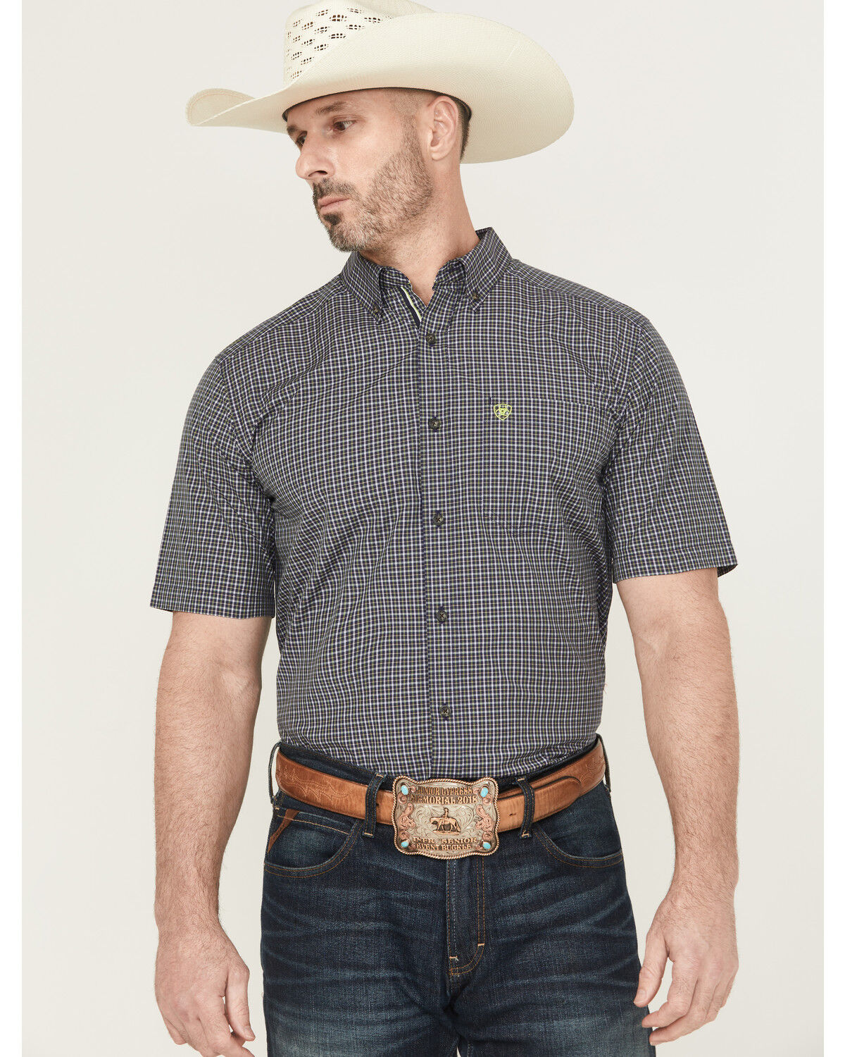 Image #1 - Ariat Men's Pro Series Caspian Plaid Print Short Sleeve Button-Down Western Shirt - Big, Navy, hi-res