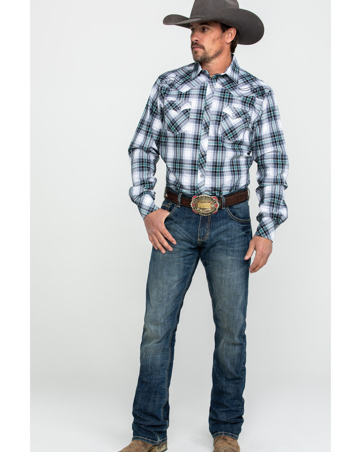Image #6 - Rock 47 By Wrangler Men's Black Embroidered Plaid Long Sleeve Western Shirt  , , hi-res