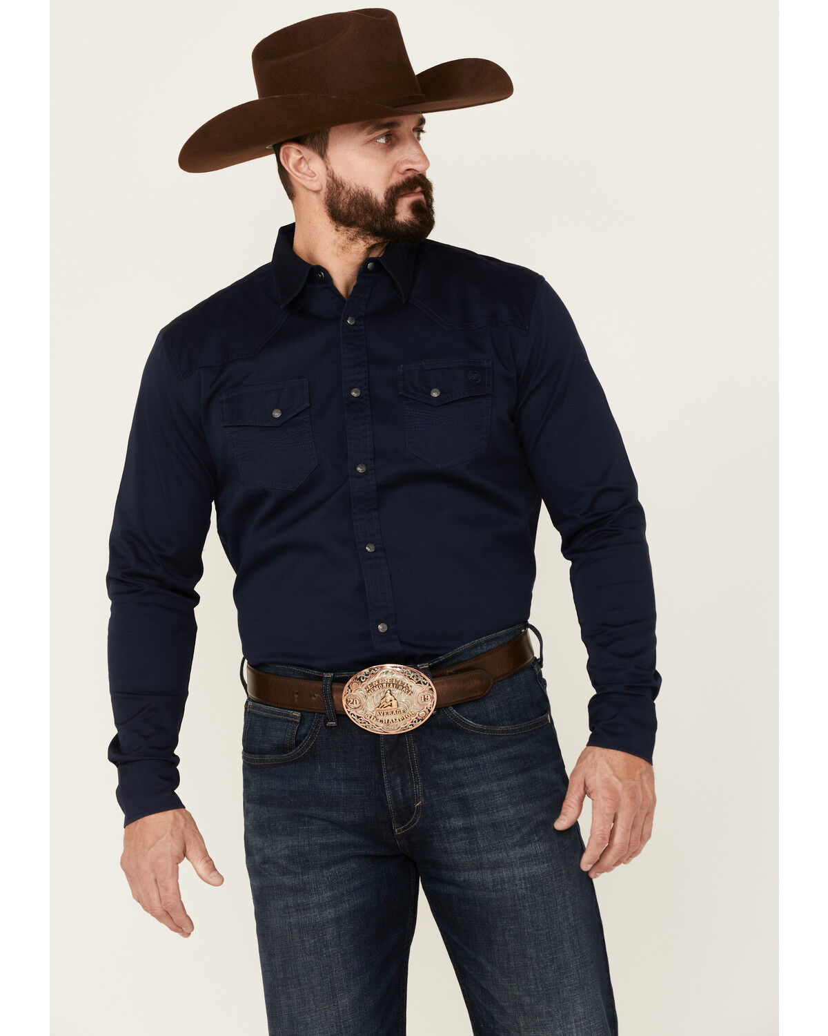 Image #2 - Blue Ranchwear Men's Heavy Twill Long Sleeve Snap Stretch Western Shirt, Navy, hi-res