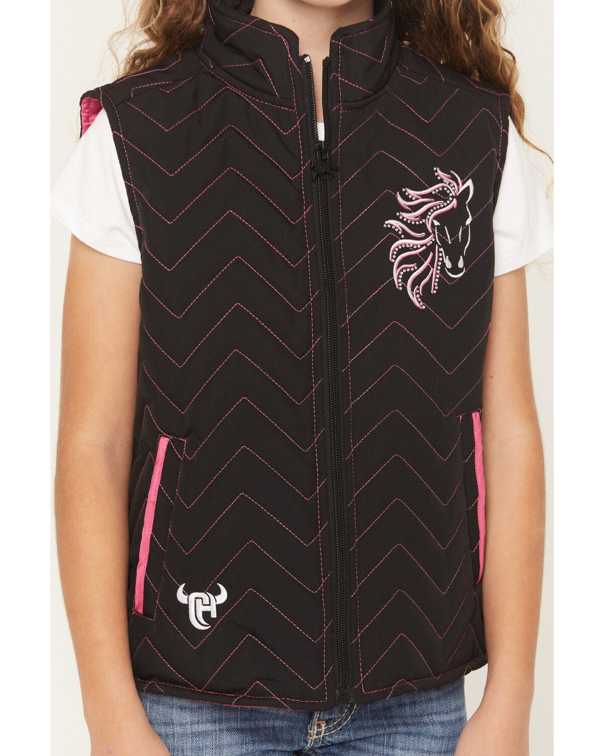 Image #4 - Cowgirl Hardware Girls' Blaze Horse Quilted Vest, Black, hi-res