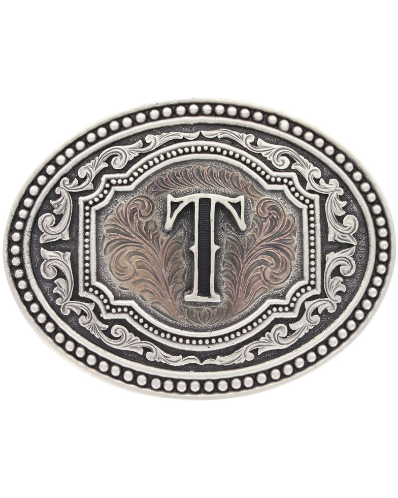 Montana Silversmiths Men's Initial "T" Two-Tone Attitude Belt Buckle, Silver, hi-res
