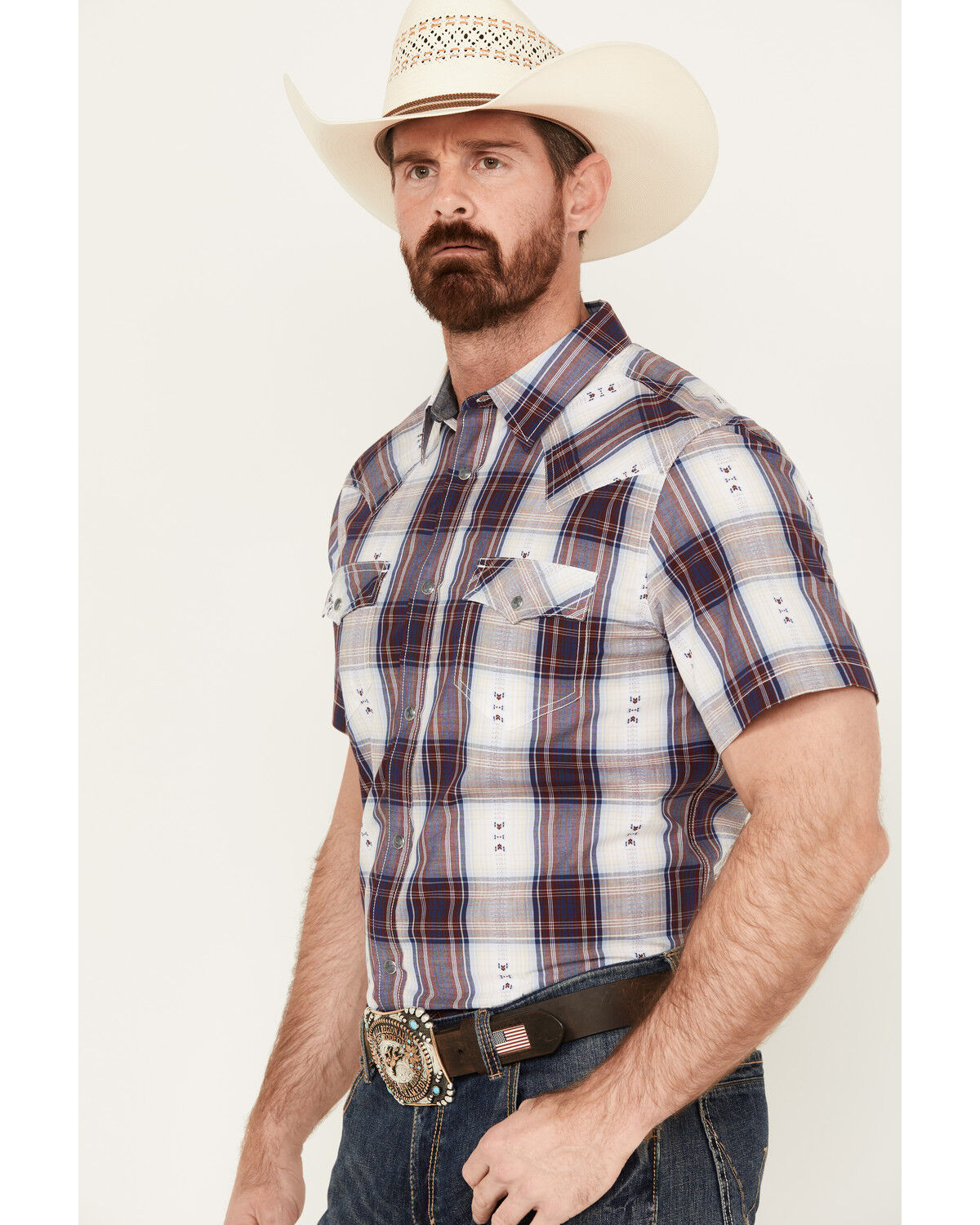 Image #2 - Cody James Men's Dog Southwestern Dobby Plaid Print Short Sleeve Western Snap Shirt, Tan, hi-res