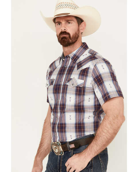 Image #2 - Cody James Men's Dog Southwestern Dobby Plaid Print Short Sleeve Western Snap Shirt, Tan, hi-res