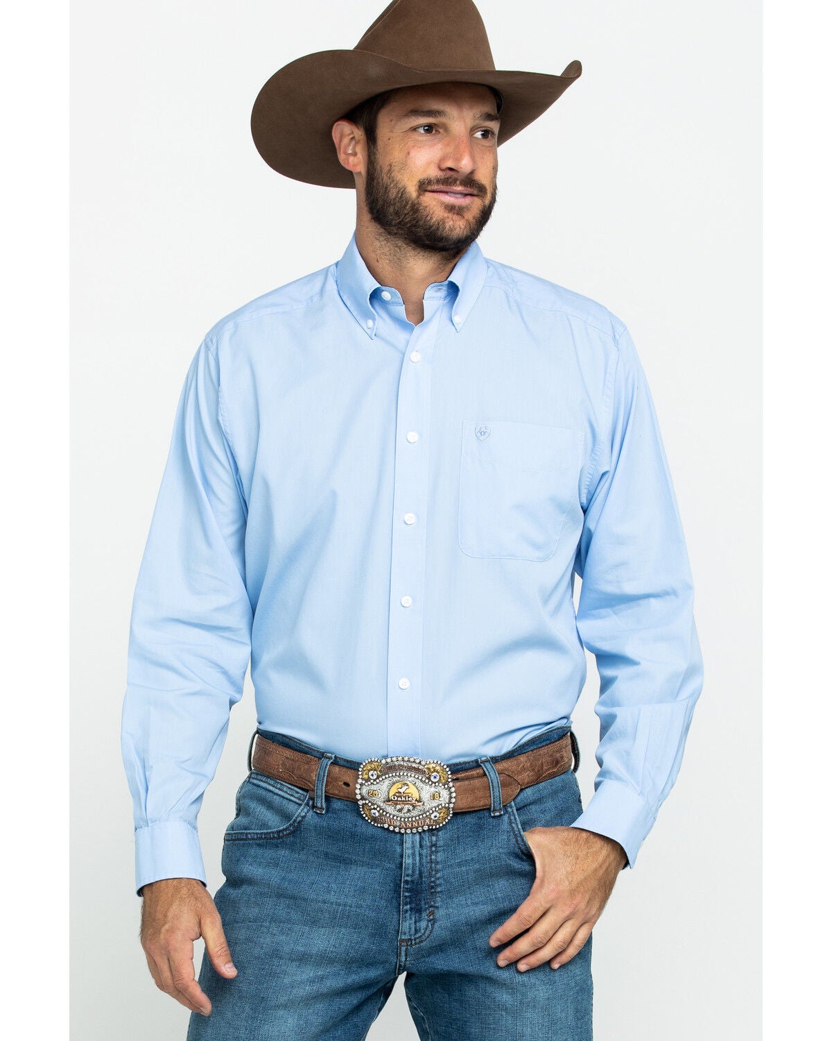 Ariat Men's Wrinkle Free Solid Long Sleeve Button Down Western Shirt, Light Blue, hi-res