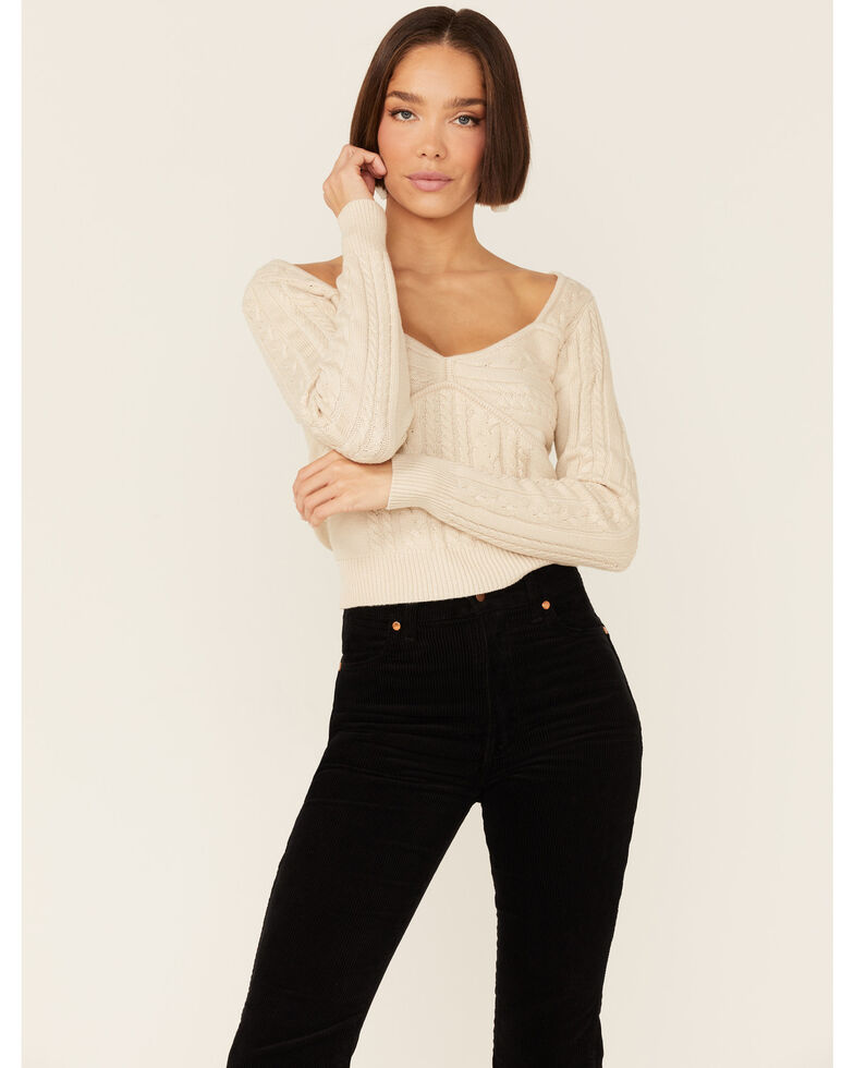 Lush Women's Soy Milk Sweetheart's Neck Long Sleeve Knit Sweater, Ivory, hi-res
