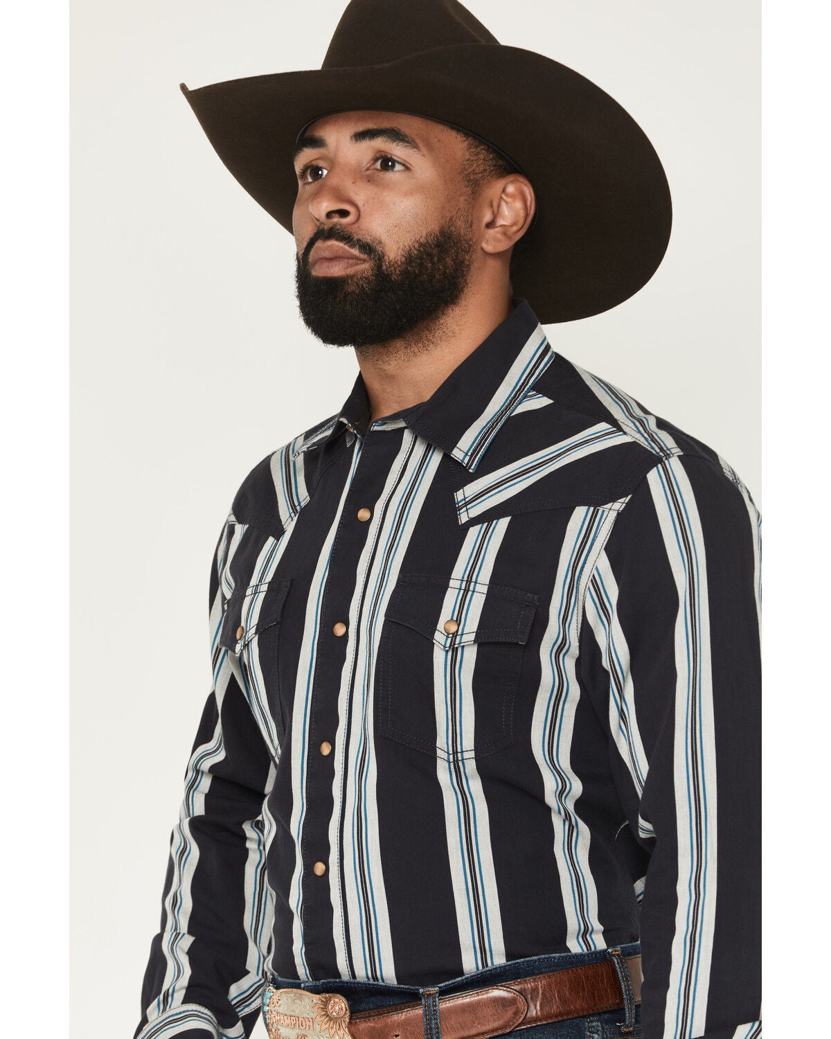 Image #2 - Wrangler Men's Boot Barn Exclusive Retro Stripe Print Long Sleeve Snap Western Shirt, Navy, hi-res