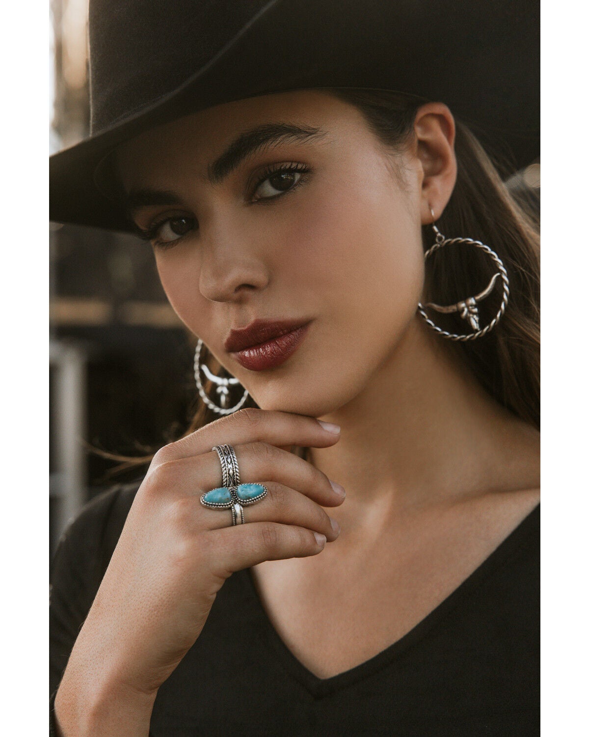 Image #1 - Idyllwind Women's Hillcrest Antique Longhorn Hoop Earrings, Silver, hi-res