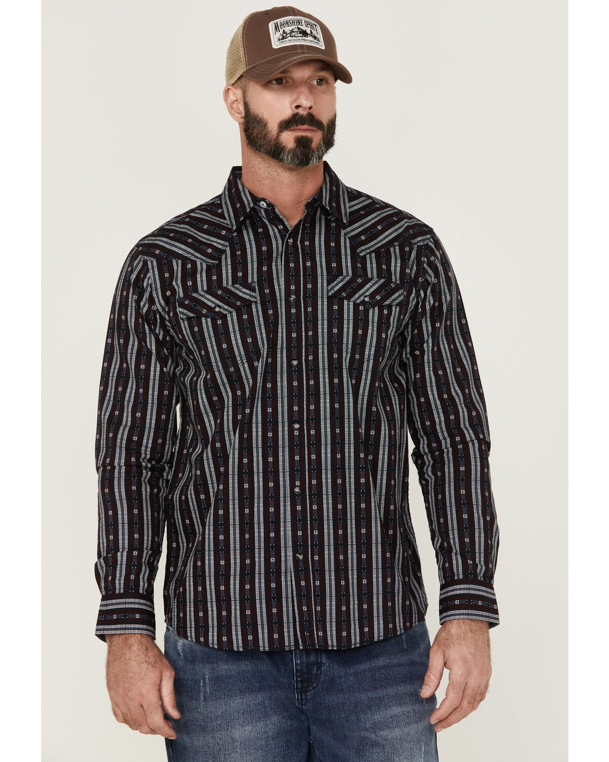 Image #1 - Moonshine Spirit Men's Otoe Stripe Long Sleeve Snap Western Shirt, Navy, hi-res