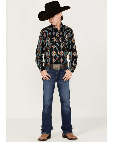 Rock & Roll  Denim Boys' Southwestern Striped Print Long Sleeve Snap Western Stretch Shirt, Turquoise, hi-res