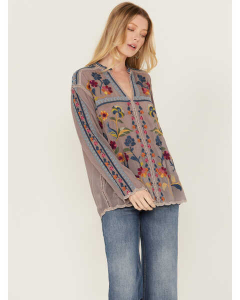 Johnny Was Women's Floral Embroidered Long Sleeve Shirt , Grey, hi-res
