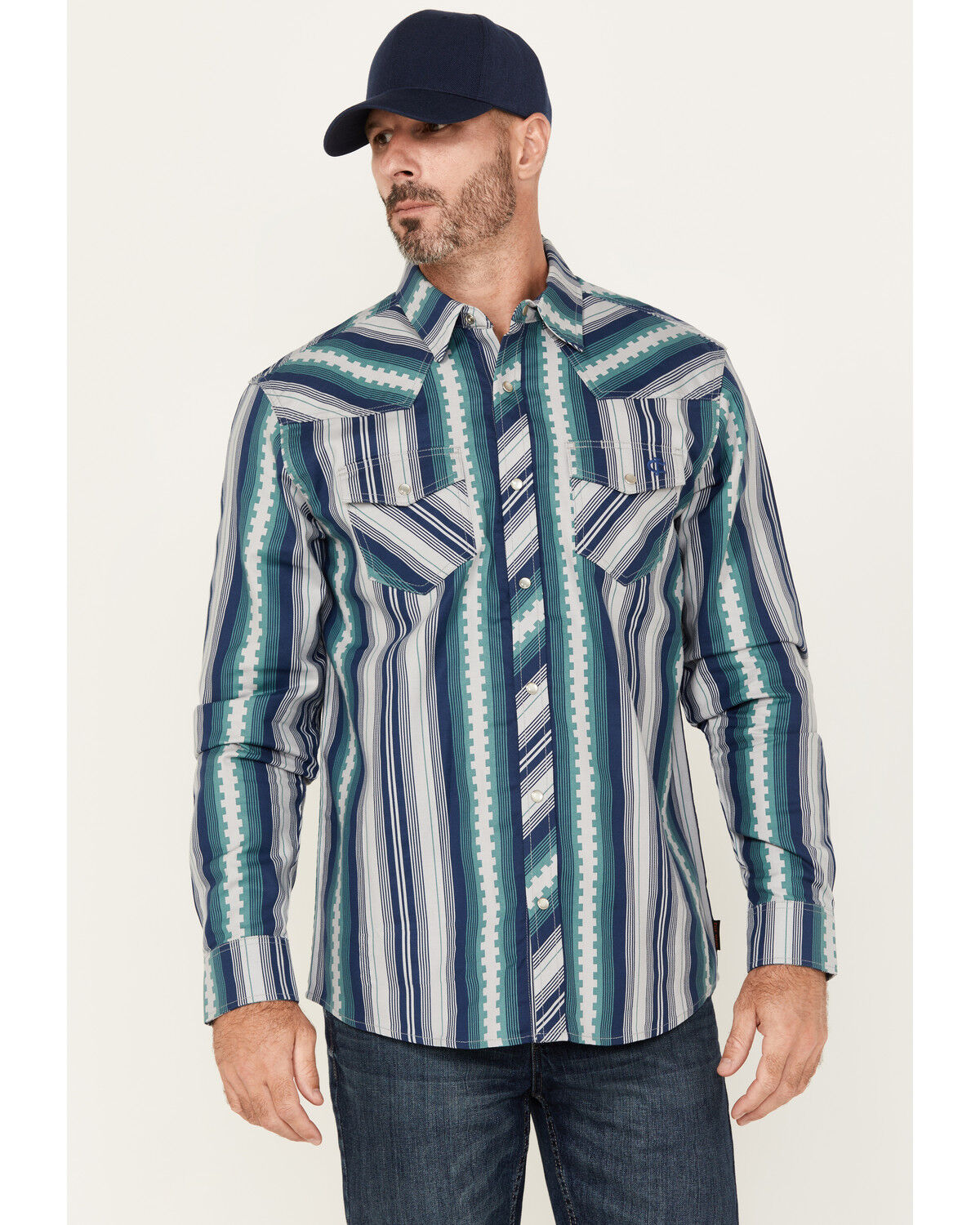 Image #1 - Cody James Men's FR Mesa Printed Long Sleeve Pearl Snap Western Work Shirt, Navy, hi-res
