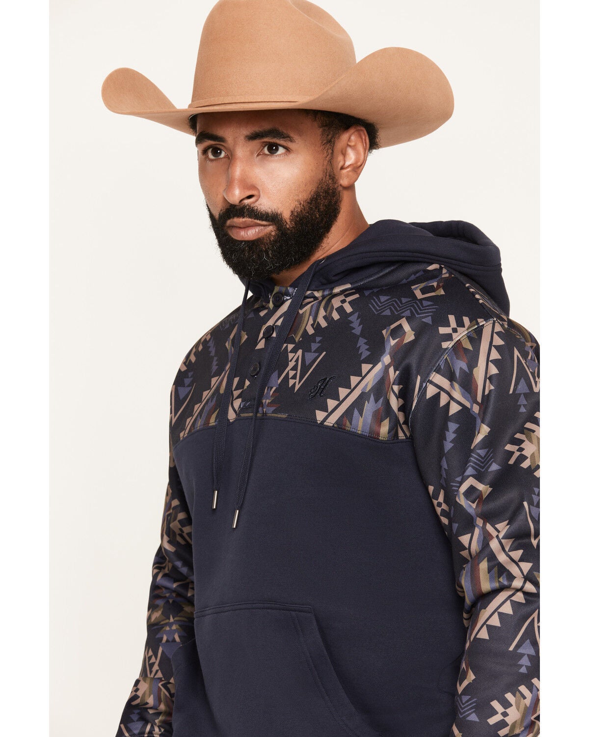 Image #2 - Hooey Men's Jimmy Southwestern Block Print Hooded Pullover, Navy, hi-res