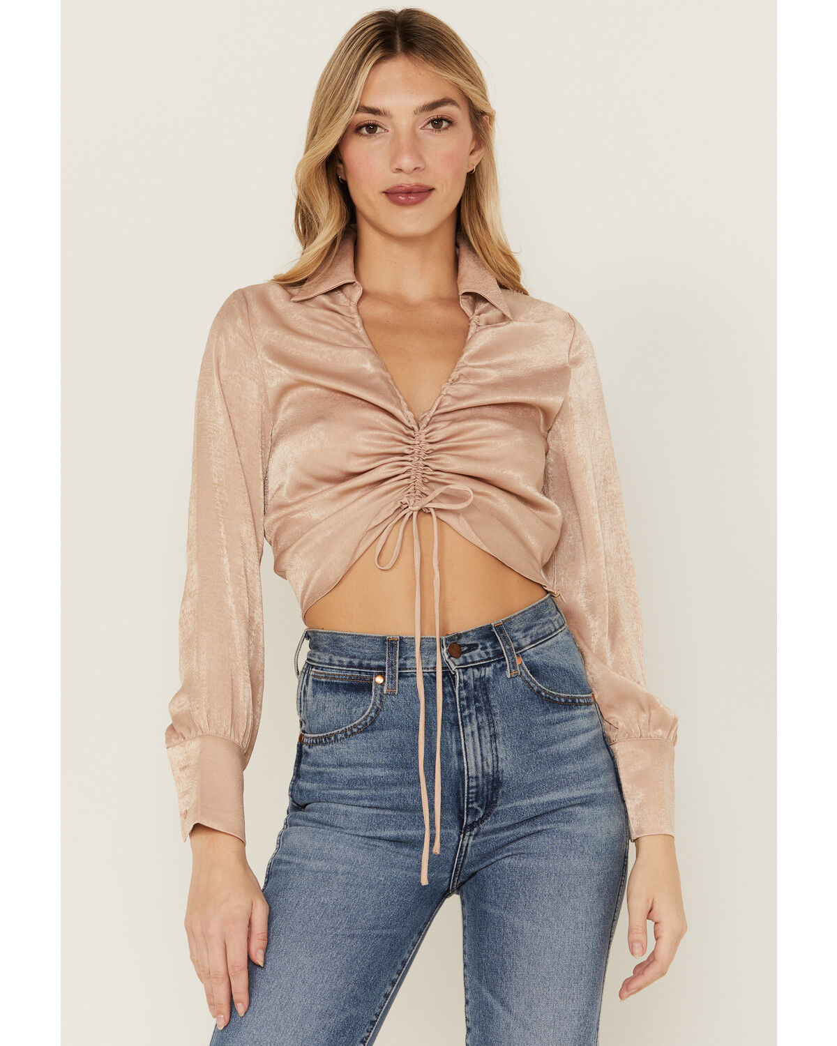 Image #1 - Lush Women's Satin Cinch Front Blouse, Blush, hi-res