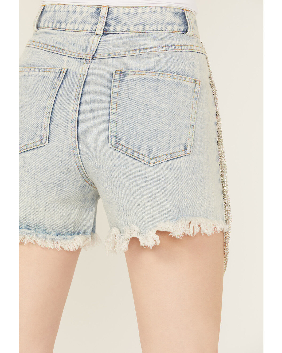 Image #3 - Blue B Women's Light Wash High Rise Rhinestone Side Chain Fringe Denim Shorts, Light Wash, hi-res