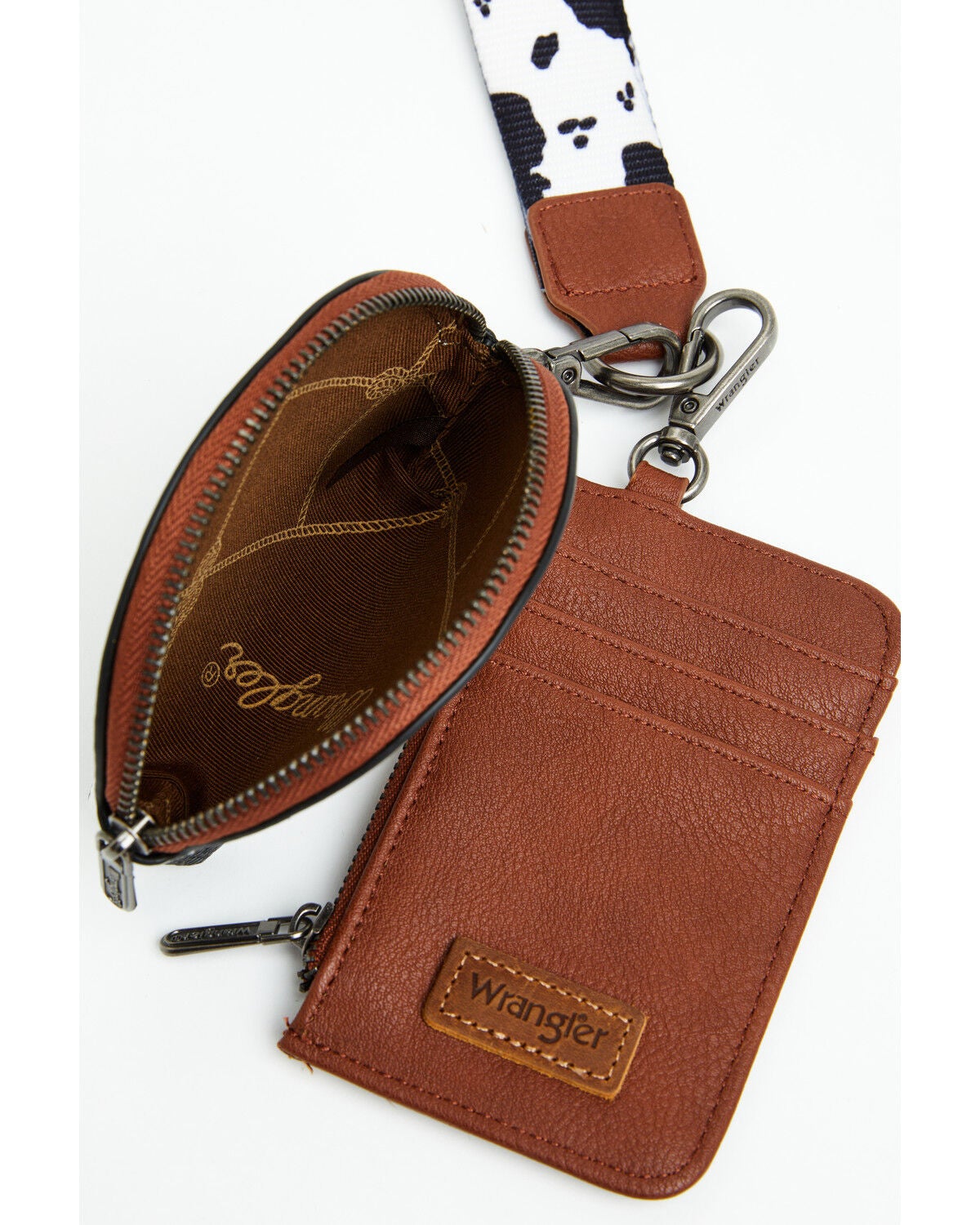 Image #4 - Wrangler Women's Boot Barn Exclusive Daisy Cow Print Dual Pouch Wristlet, Brown, hi-res