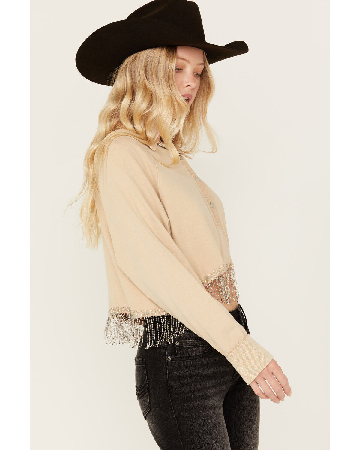Image #2 - Blue B Women's Rhinestone Fringe Long Sleeve Cropped Henley Shirt, Taupe, hi-res