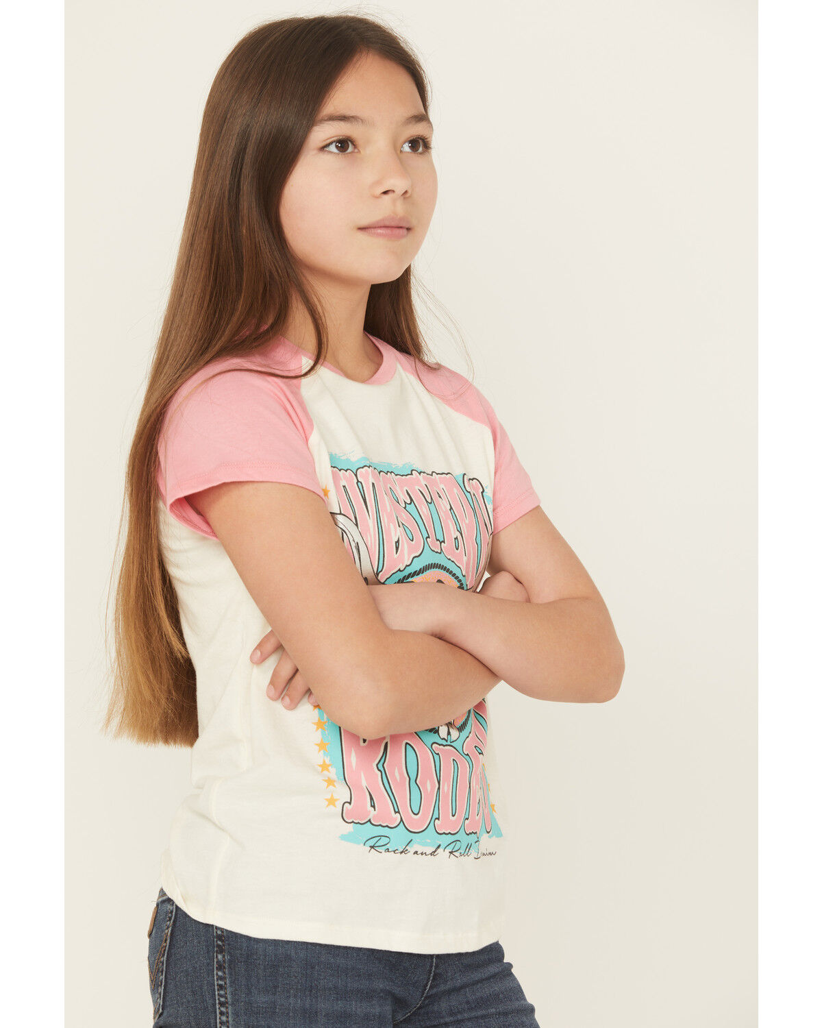 Image #2 - Rock & Roll Denim Girls' Western Rodeo Short Sleeve Graphic Tee, Natural, hi-res