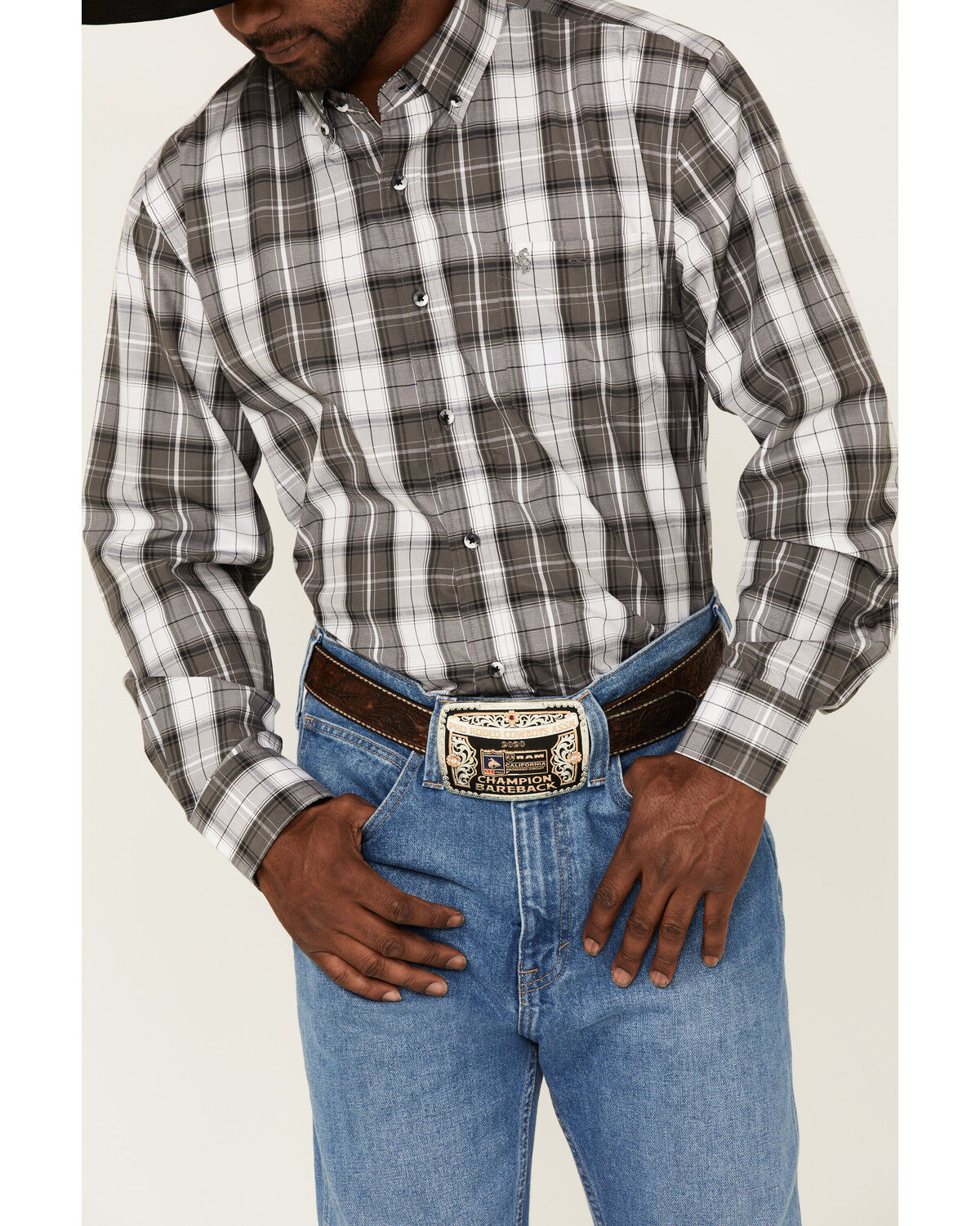 Image #3 - Rodeo Clothing Men's Large Dark Grey Plaid Long Sleeve Button-Down Western Shirt , , hi-res