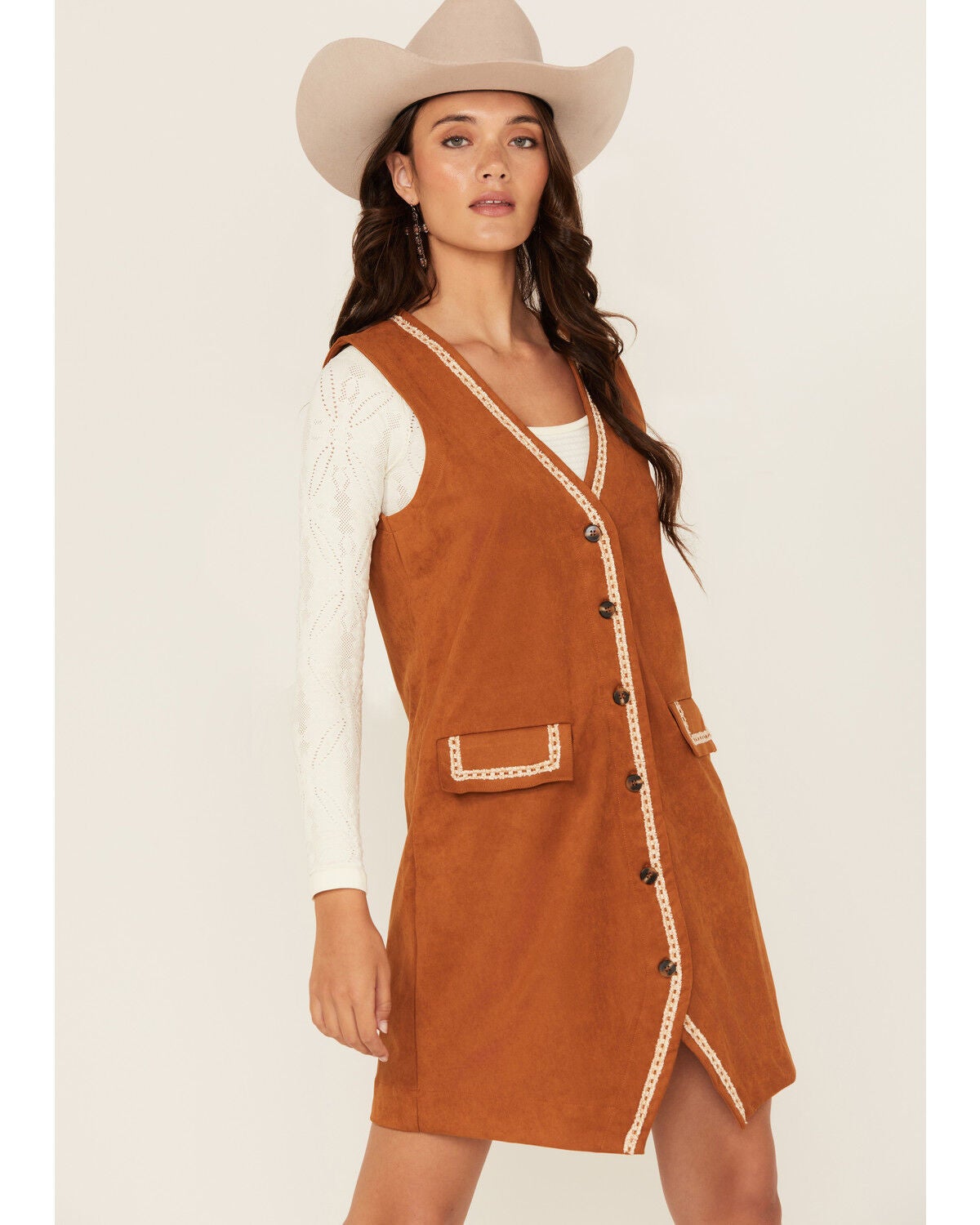 Miss Me Women's Embroidered Faux Suede Sleeveless Button-Down Mini Dress, Camel, hi-res
