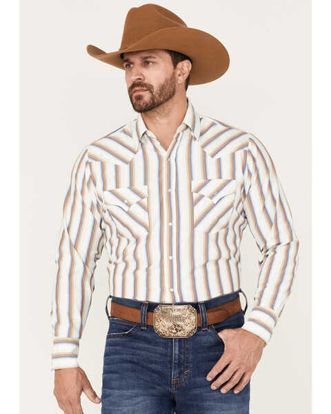 Image #1 - Ely Walker Men's Striped Long Sleeve Pearl Snap Western Shirt, Tan, hi-res