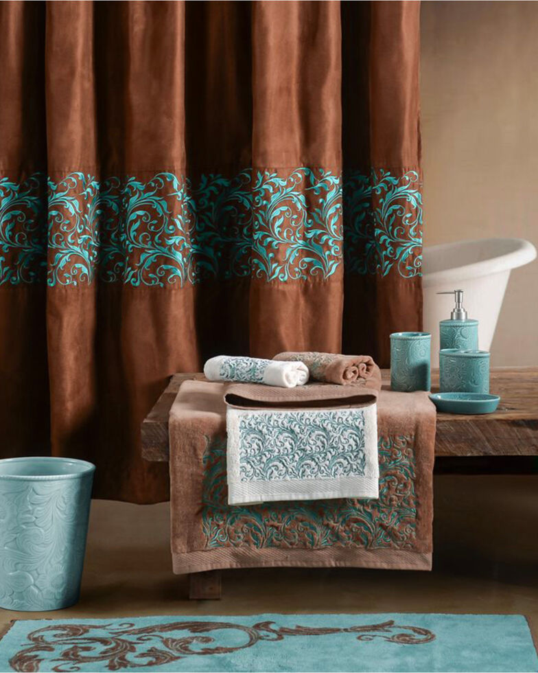 turquoise and brown bathroom accessories