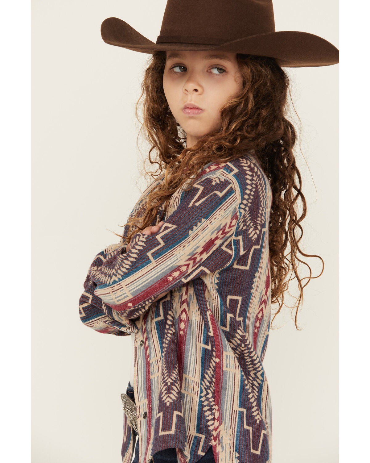 Image #2 - Shyanne Girls' Southwestern Striped Print Long Sleeve Snap Shacket, Fuchsia, hi-res