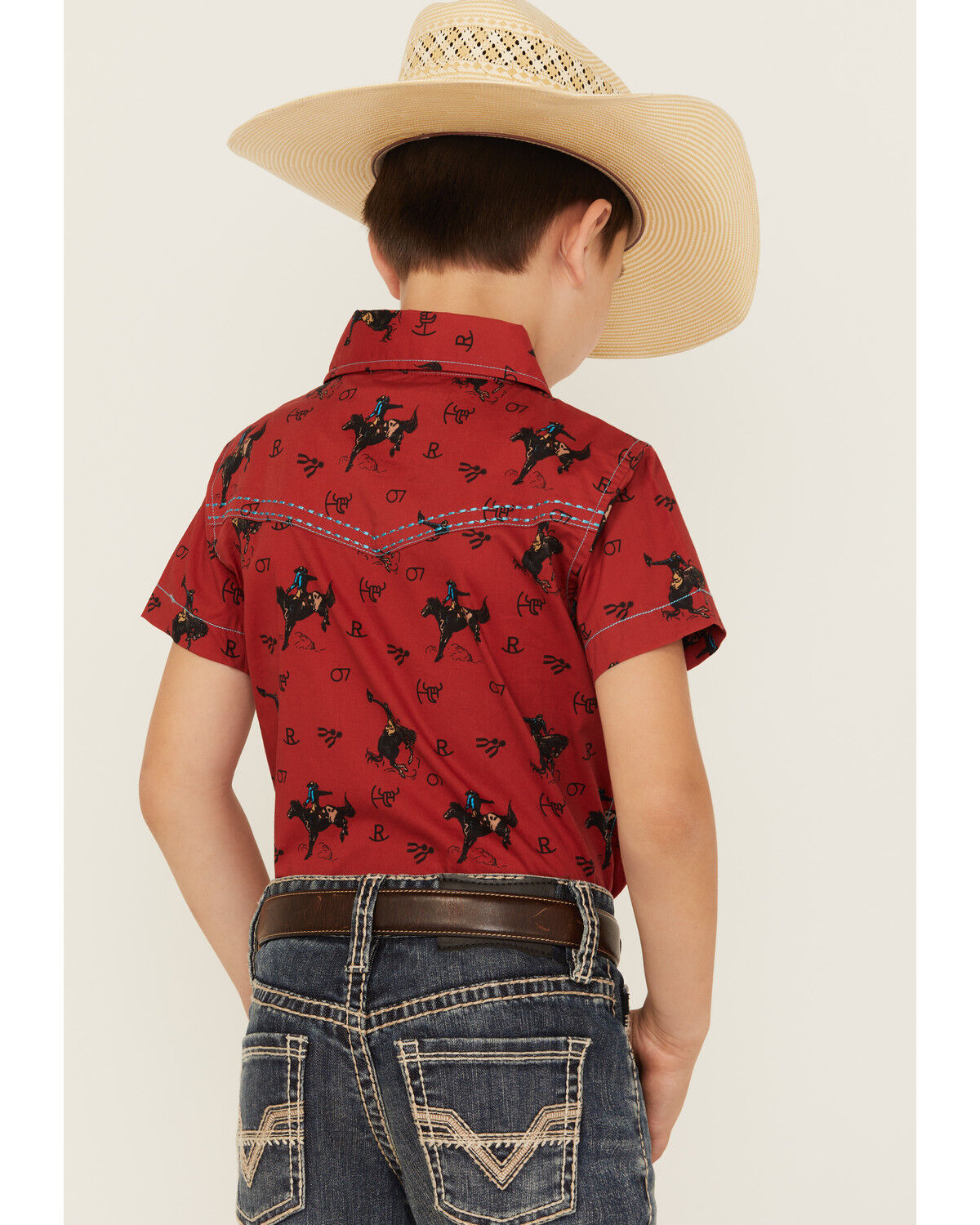 Image #4 - Cowboy Hardware Boys' Bronc Print Short Sleeve Snap Stretch Western Shirt, Brown, hi-res