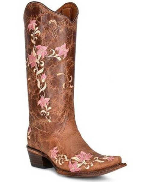 Image #1 - Corral Women's Floral Embroidered Tall Western Boots - Snip Toe, Sand, hi-res
