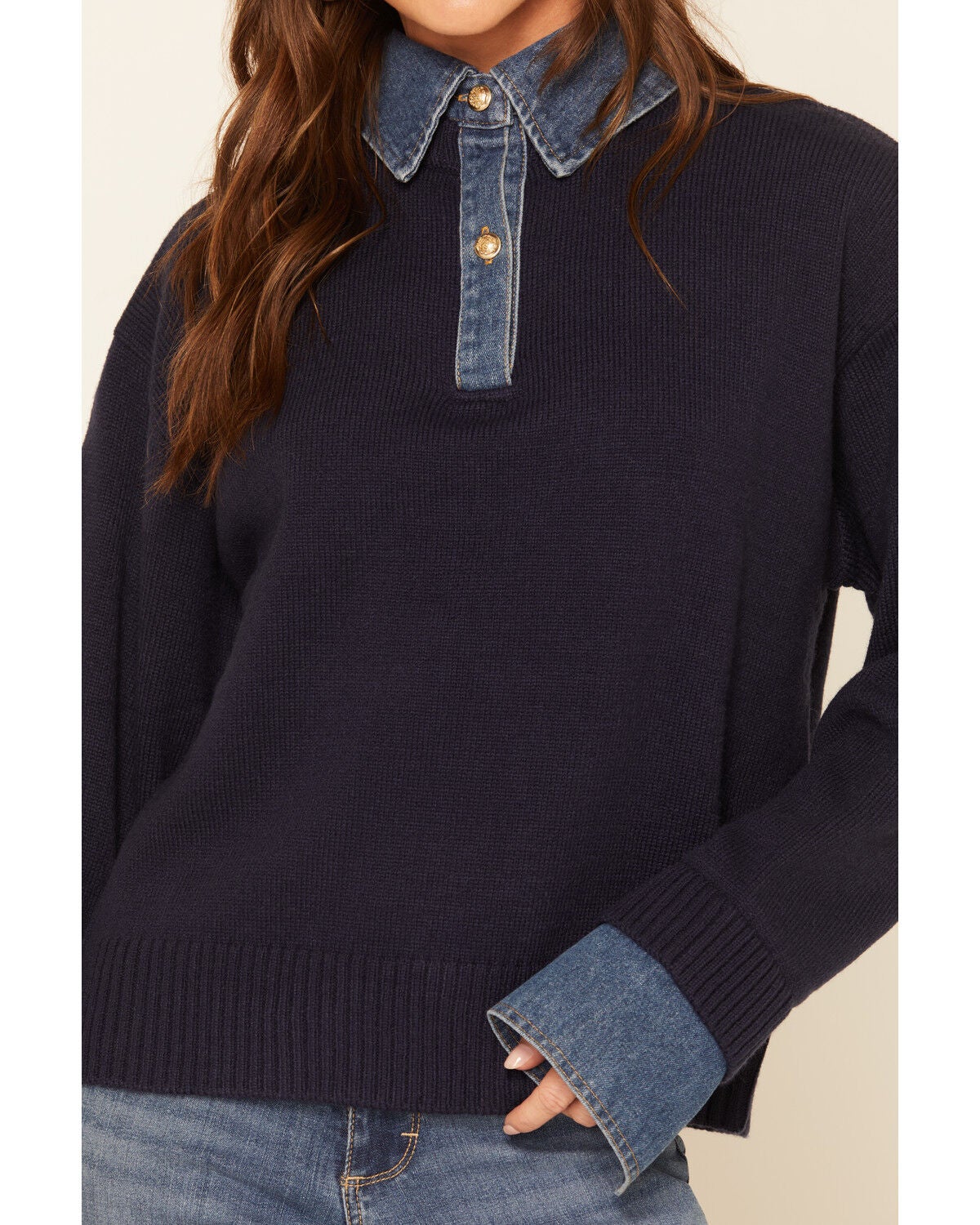 Image #3 - Revel Women's Denim Collar Sweater, Navy, hi-res