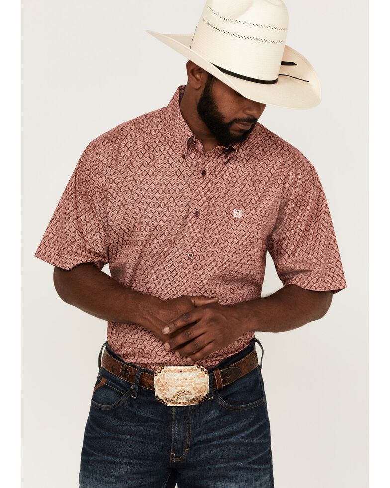 Cinch Men's Star Geo Print Short Sleeve Button-Down Western Shirt - Big , Burgundy, hi-res