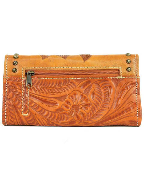 American West Women's Texas Rose Tooled Trifold Wallet, Tan, hi-res
