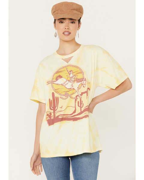 Image #1 - Gina Tees Women's Tie Dye Cut Out Desert Cowboy Graphic Tee, Yellow, hi-res