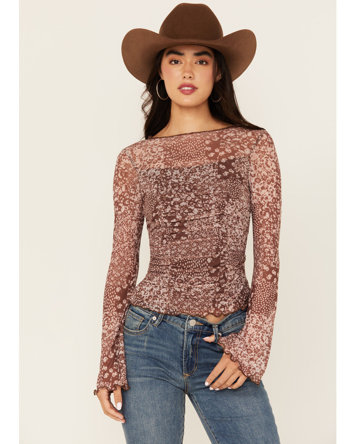Image #1 - Trixxi Women's Floral Mesh Long Sleeve Seamed Top, Brown, hi-res